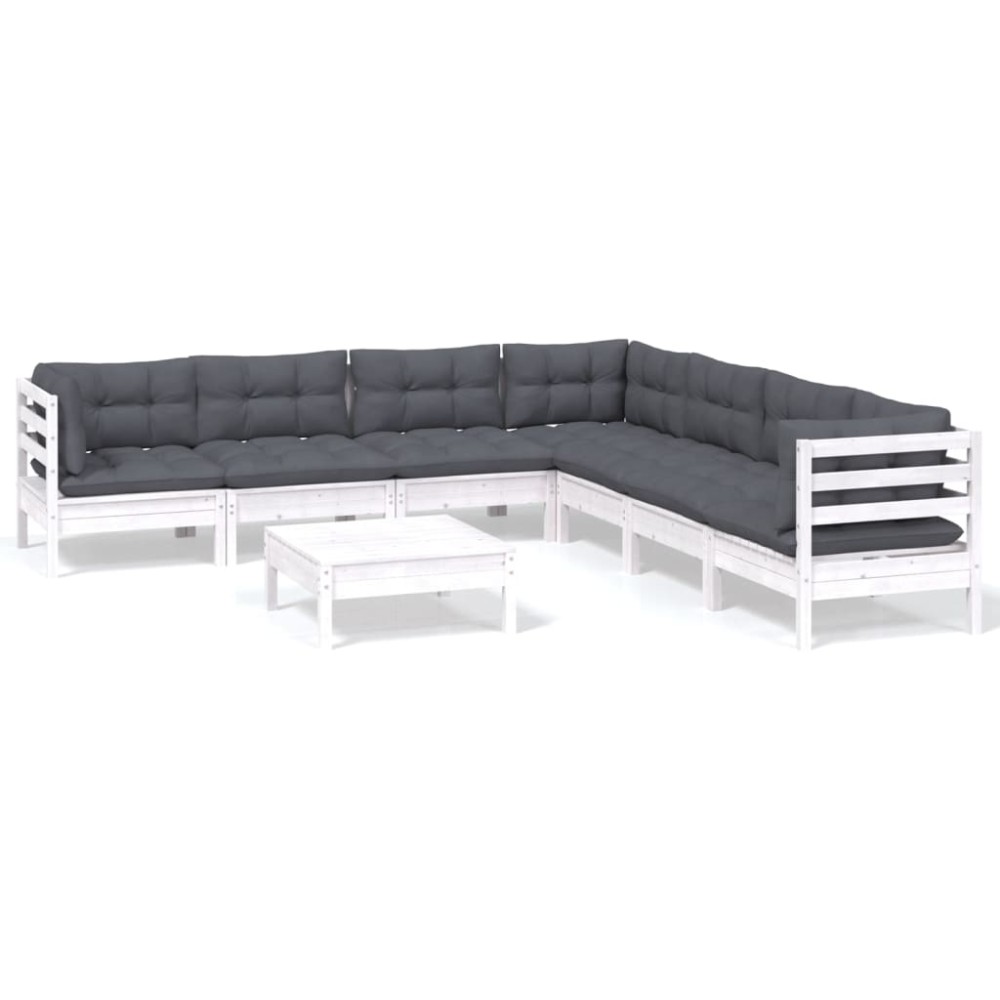 vidaXL Set mobilier de grădină cu perne, 8 piese, alb, lemn masiv pin
