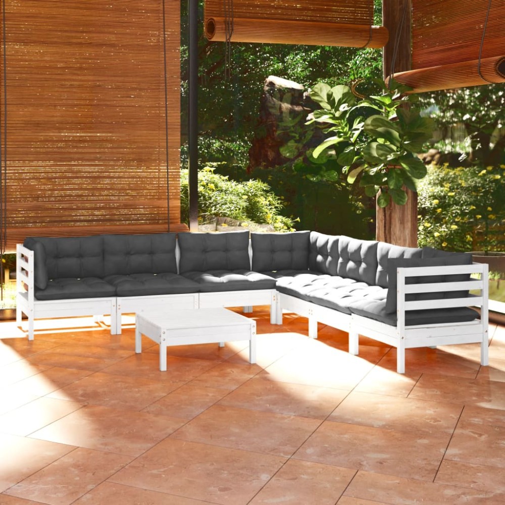 vidaXL Set mobilier de grădină cu perne, 8 piese, alb, lemn masiv pin