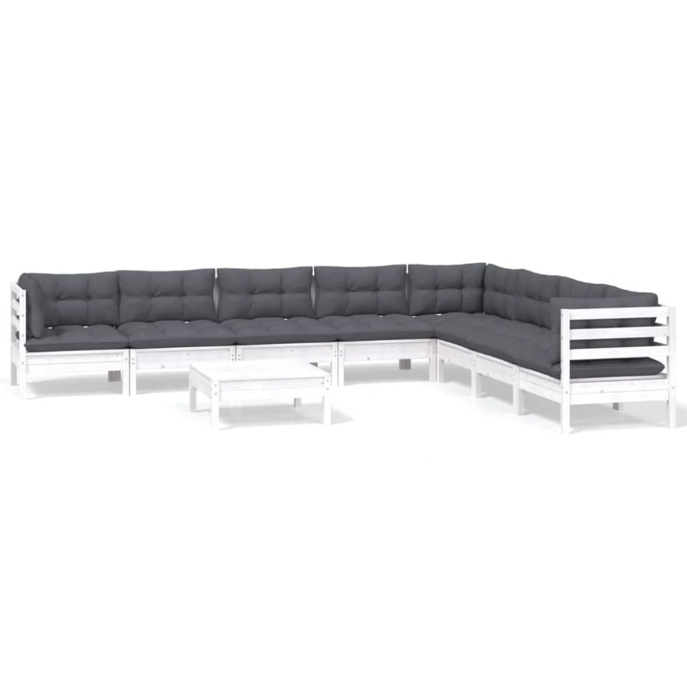 vidaXL Set mobilier grădină cu perne, 9 piese, alb, lemn masiv pin