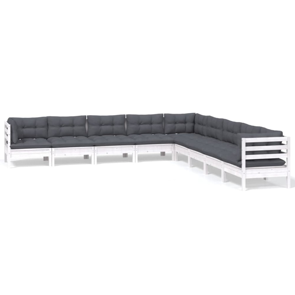 vidaXL Set mobilier de grădină cu perne, 9 piese, alb, lemn masiv pin