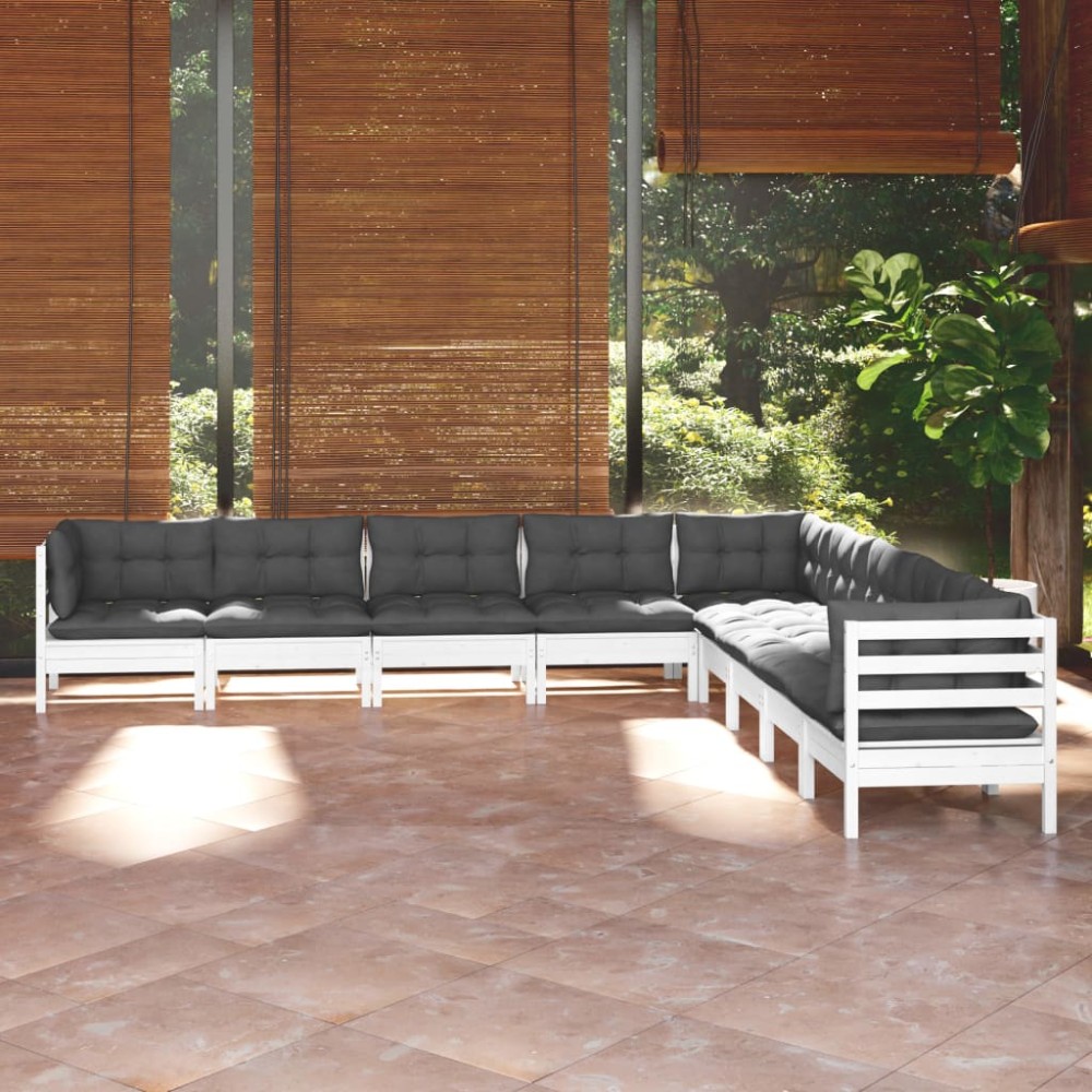 vidaXL Set mobilier de grădină cu perne, 9 piese, alb, lemn masiv pin