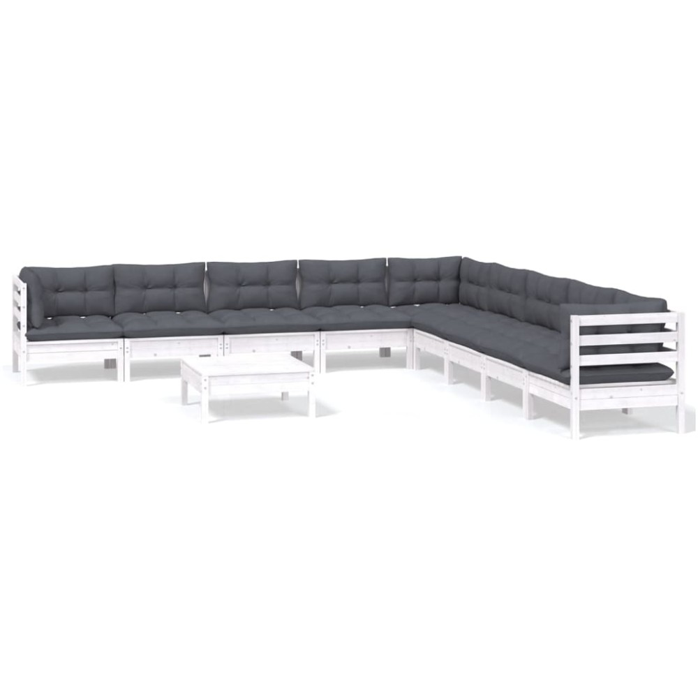 vidaXL Set mobilier grădină cu perne, 10 piese, alb, lemn masiv pin