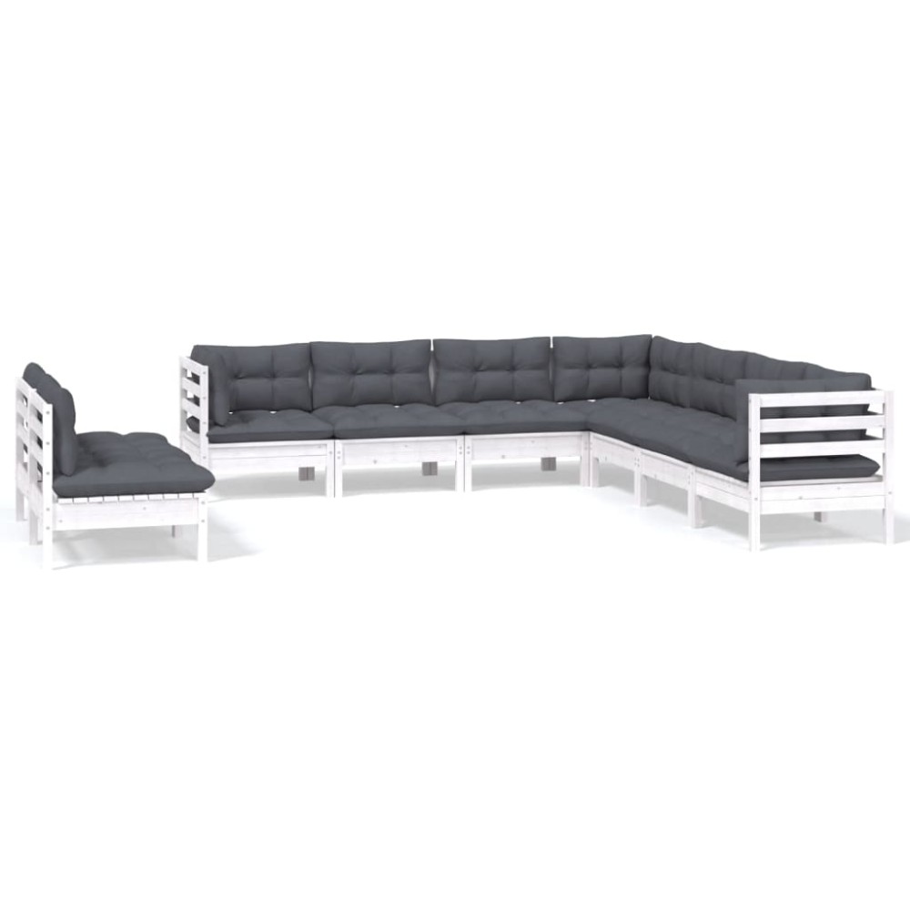 vidaXL Set mobilier de grădină cu perne, 9 piese, alb, lemn masiv pin