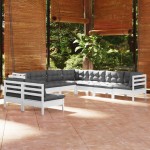 vidaXL Set mobilier de grădină cu perne, 9 piese, alb, lemn masiv pin vidaXL Set mobilier de grădină cu perne, 9 piese, alb, lemn masiv pin