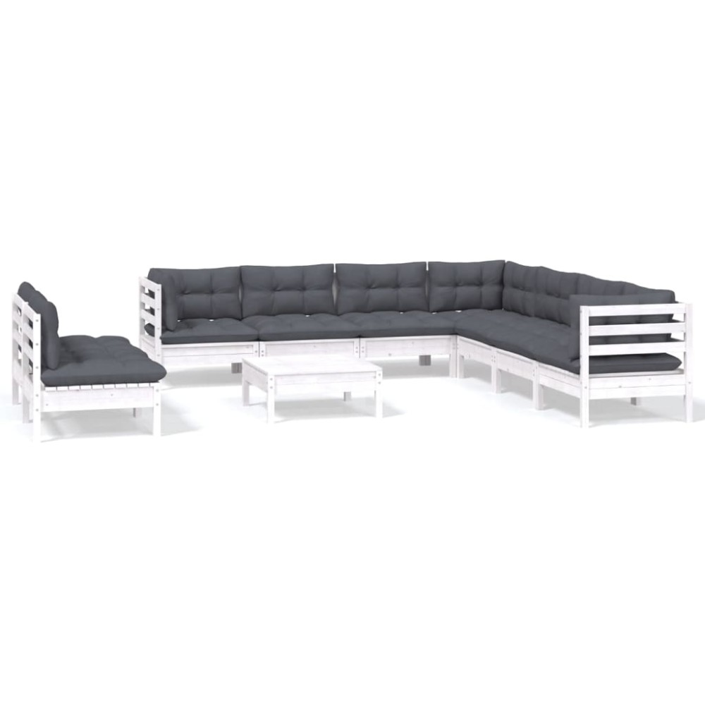 vidaXL Set mobilier grădină cu perne, 10 piese, alb, lemn masiv pin