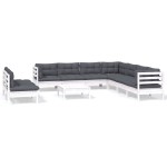 vidaXL Set mobilier grădină cu perne, 10 piese, alb, lemn masiv pin
