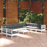 vidaXL Set mobilier grădină cu perne, 11 piese, alb, lemn masiv pin vidaXL Set mobilier grădină cu perne, 11 piese, alb, lemn masiv pin