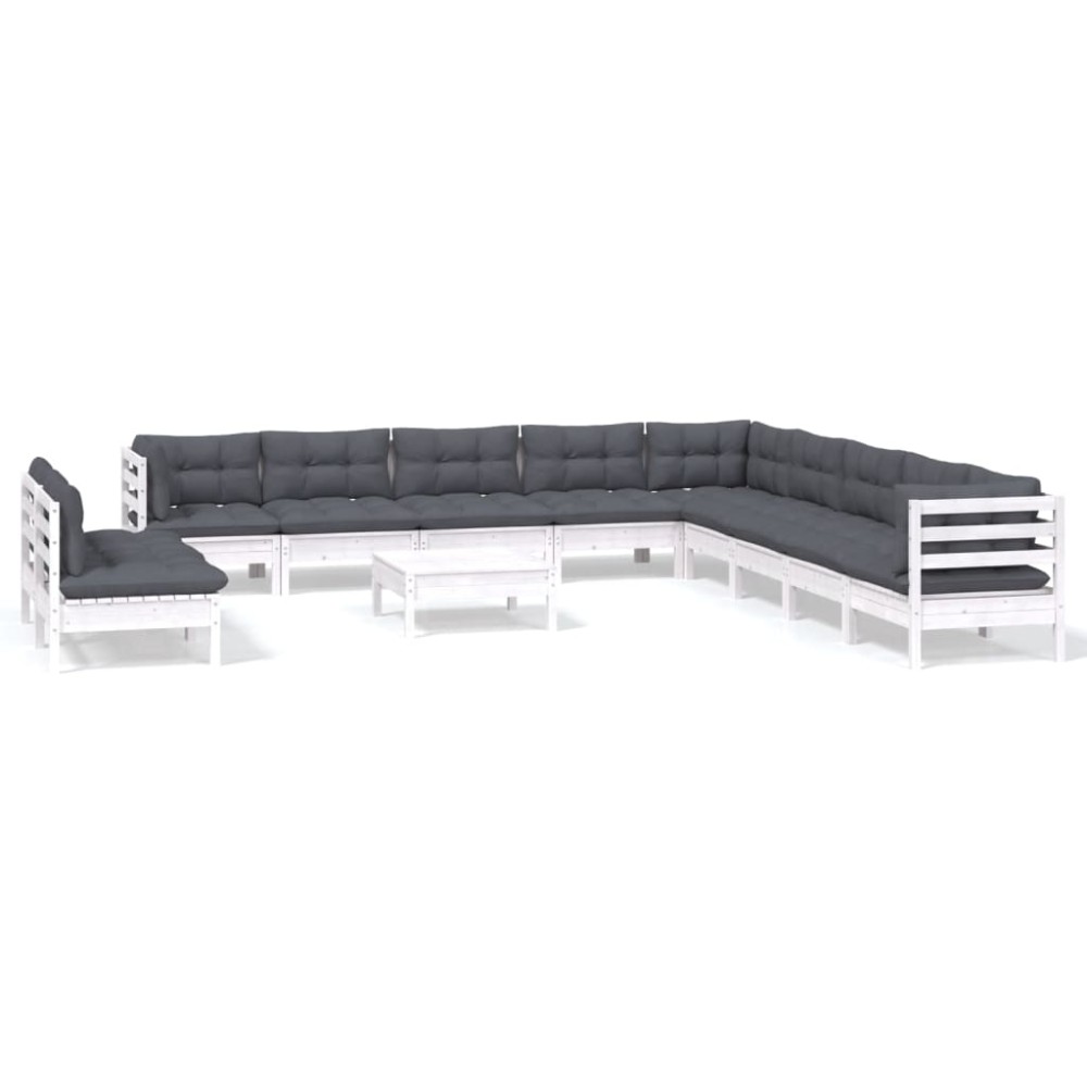 vidaXL Set mobilier grădină cu perne, 12 piese, alb, lemn masiv pin