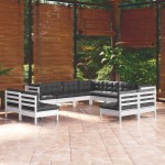vidaXL Set mobilier grădină cu perne, 11 piese, alb, lemn masiv pin vidaXL Set mobilier grădină cu perne, 11 piese, alb, lemn masiv pin