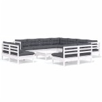 vidaXL Set mobilier grădină cu perne, 12 piese, alb, lemn masiv pin