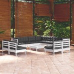 vidaXL Set mobilier grădină cu perne, 12 piese, alb, lemn masiv pin