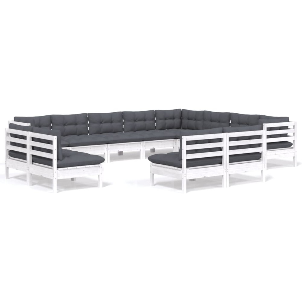vidaXL Set mobilier grădină cu perne, 12 piese, alb, lemn masiv pin