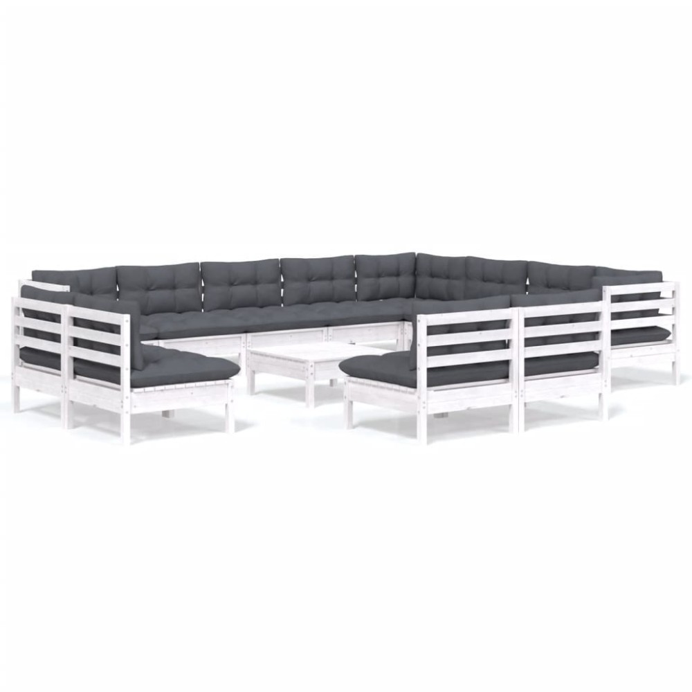 vidaXL Set mobilier grădină cu perne, 13 piese, alb, lemn masiv pin