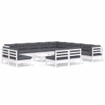 vidaXL Set mobilier grădină cu perne, 14 piese, alb, lemn masiv pin