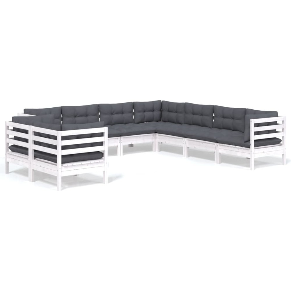 vidaXL Set mobilier de grădină cu perne, 9 piese, alb, lemn masiv pin
