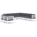 vidaXL Set mobilier de grădină cu perne, 9 piese, alb, lemn masiv pin vidaXL Set mobilier de grădină cu perne, 9 piese, alb, lemn masiv pin