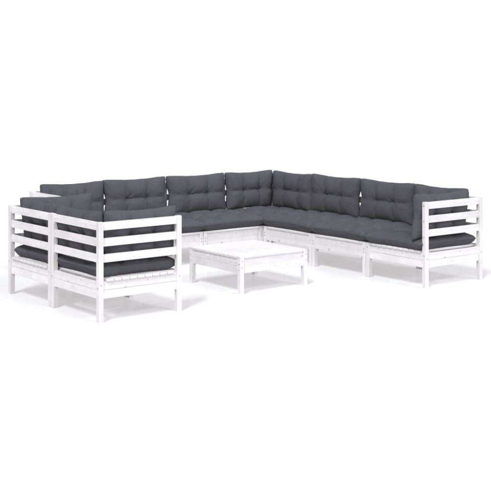 vidaXL Set mobilier grădină cu perne, 10 piese, alb, lemn masiv pin
