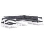 vidaXL Set mobilier grădină cu perne, 10 piese, alb, lemn masiv pin vidaXL Set mobilier grădină cu perne, 10 piese, alb, lemn masiv pin