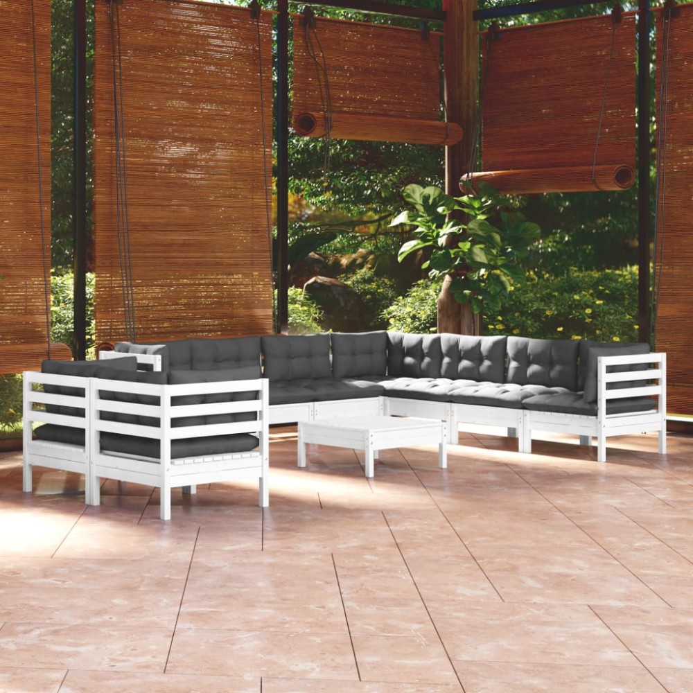 vidaXL Set mobilier grădină cu perne, 10 piese, alb, lemn masiv pin