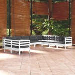 vidaXL Set mobilier grădină cu perne, 10 piese, alb, lemn masiv de pin vidaXL Set mobilier grădină cu perne, 10 piese, alb, lemn masiv de pin