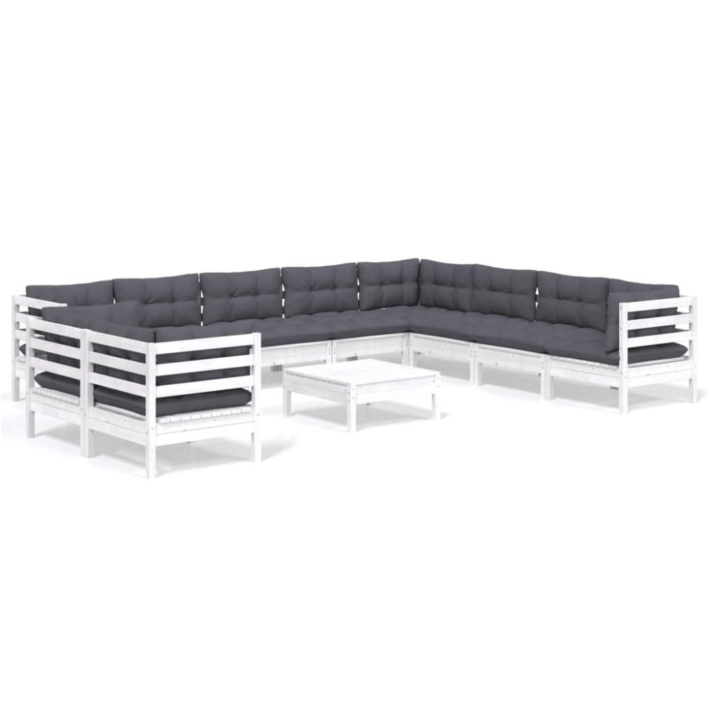 vidaXL Set mobilier grădină cu perne, 11 piese, alb, lemn masiv pin