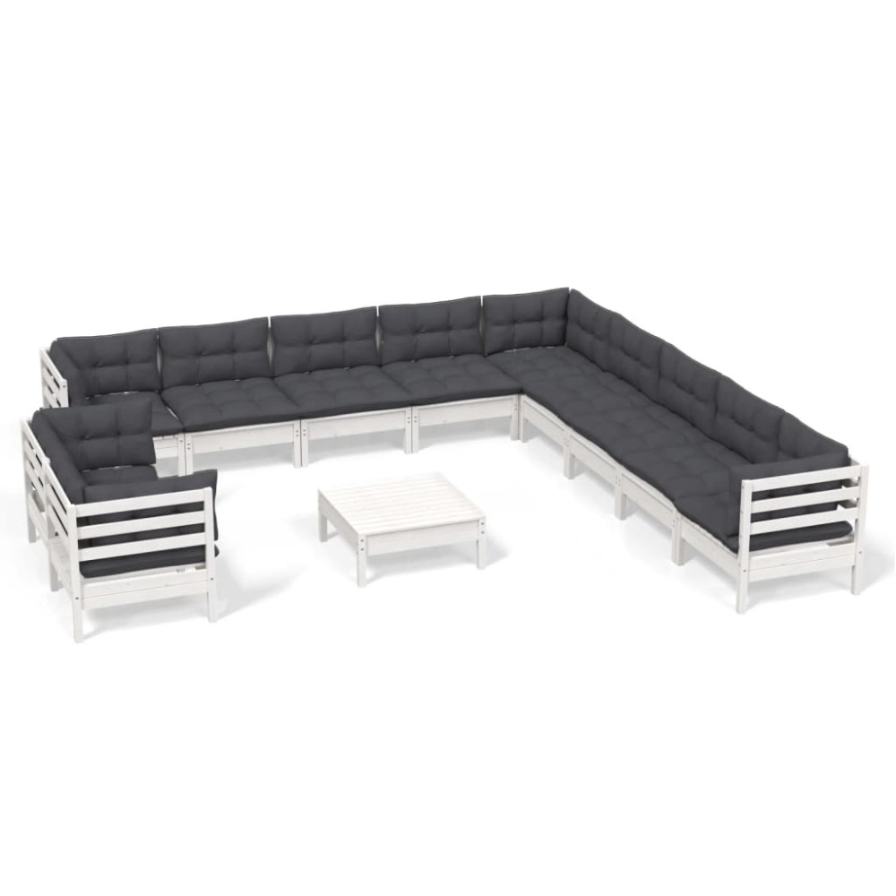 vidaXL Set mobilier grădină cu perne, 12 piese, alb, lemn masiv pin