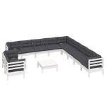 vidaXL Set mobilier grădină cu perne, 12 piese, alb, lemn masiv pin