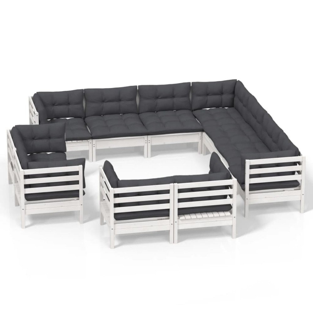 vidaXL Set mobilier grădină cu perne, 11 piese, alb, lemn masiv pin