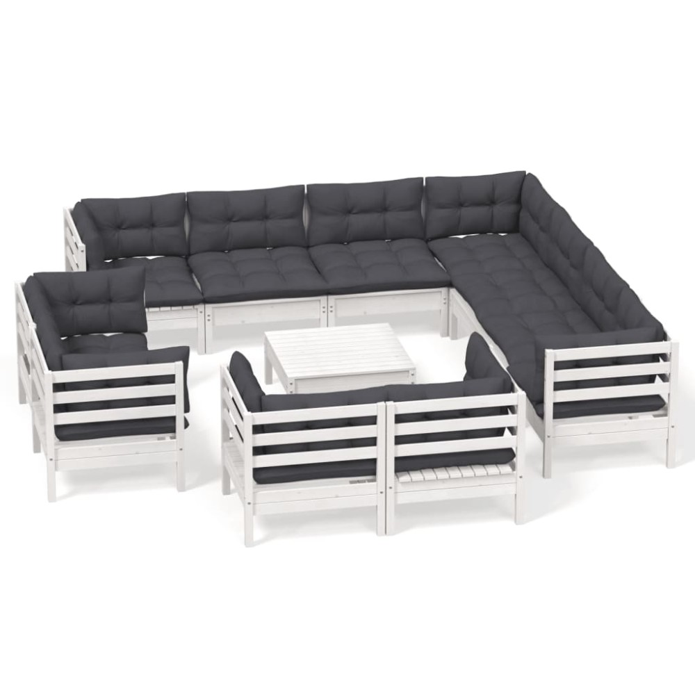 vidaXL Set mobilier grădină cu perne, 12 piese, alb, lemn masiv pin