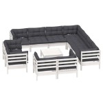 vidaXL Set mobilier grădină cu perne, 12 piese, alb, lemn masiv pin