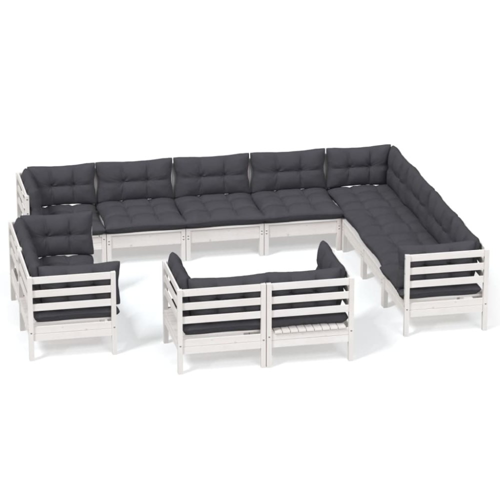 vidaXL Set mobilier grădină cu perne, 12 piese, alb, lemn masiv pin