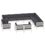 vidaXL Set mobilier grădină cu perne, 12 piese, alb, lemn masiv pin