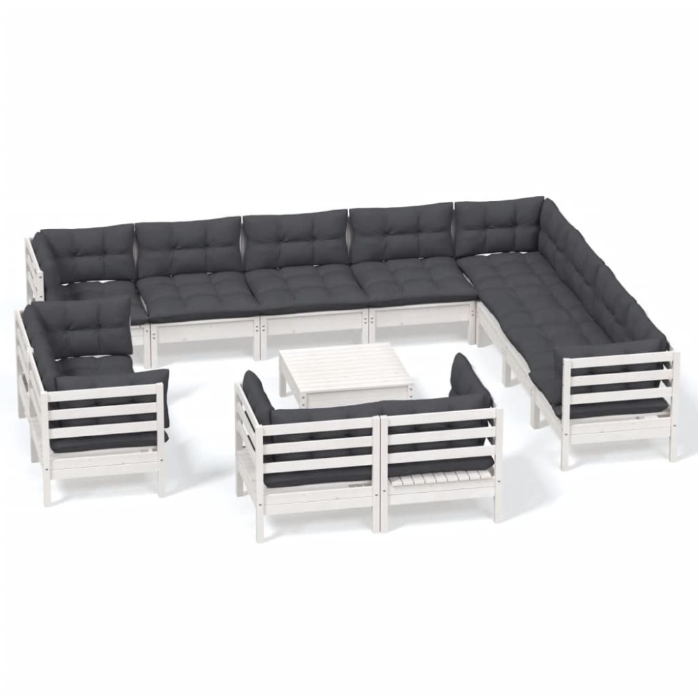 vidaXL Set mobilier grădină cu perne, 13 piese, alb, lemn masiv pin