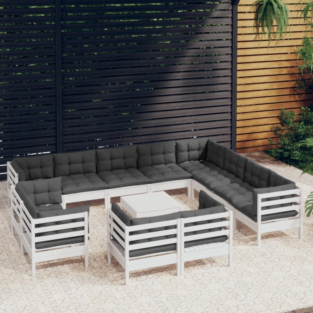 vidaXL Set mobilier grădină cu perne, 13 piese, alb, lemn masiv pin