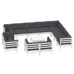 vidaXL Set mobilier grădină cu perne, 13 piese, alb, lemn masiv pin