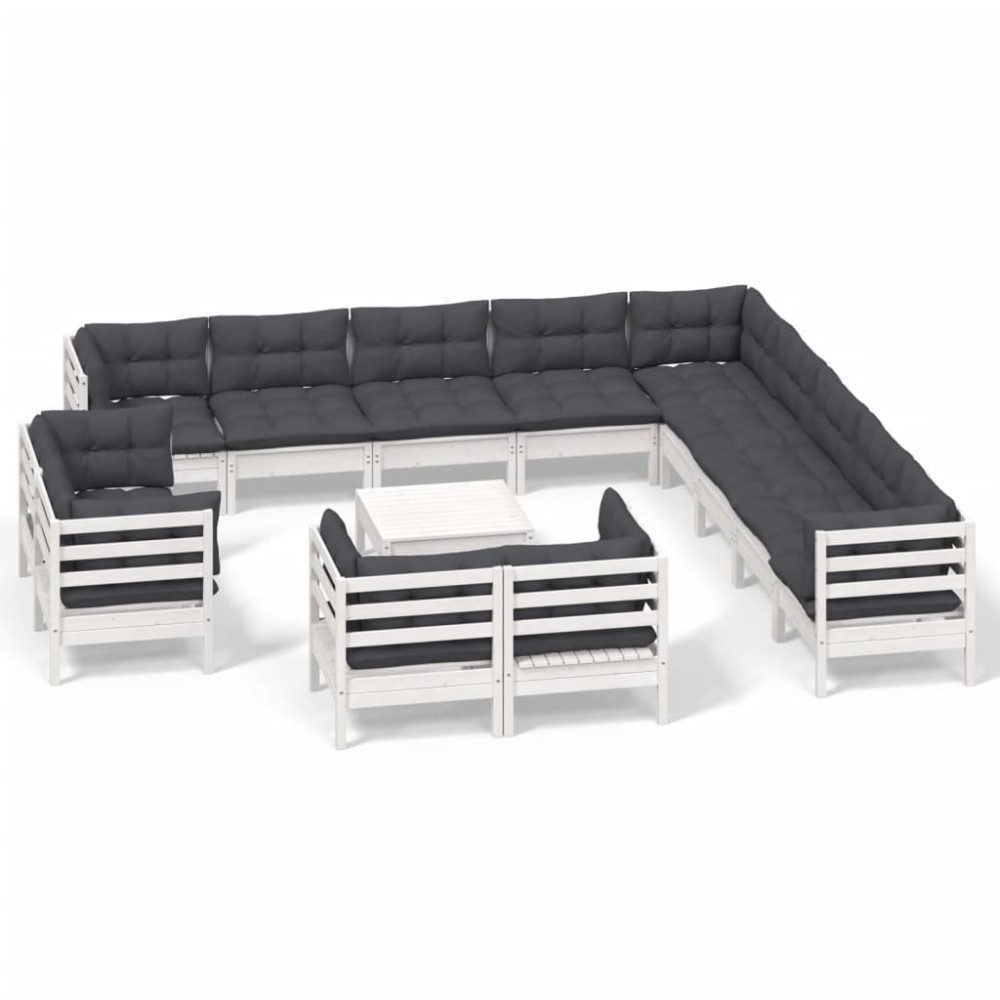 vidaXL Set mobilier grădină cu perne, 14 piese, alb, lemn masiv pin