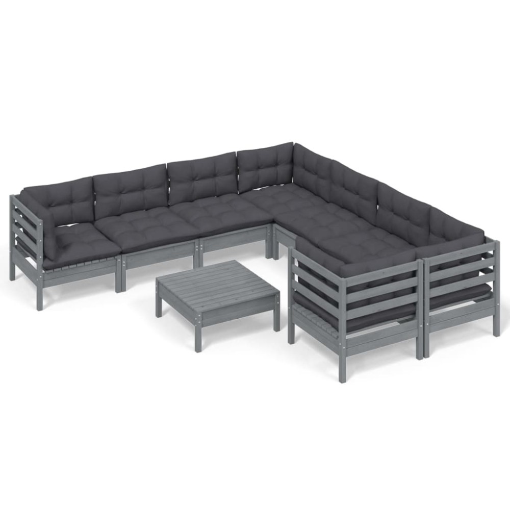 vidaXL Set mobilier de grădină cu perne, 9 piese, gri, lemn de pin