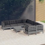 vidaXL Set mobilier de grădină cu perne, 9 piese, gri, lemn de pin vidaXL Set mobilier de grădină cu perne, 9 piese, gri, lemn de pin