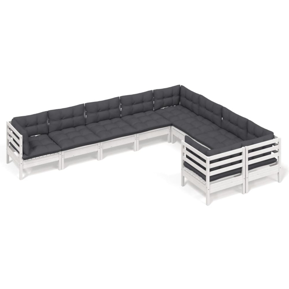 vidaXL Set mobilier de grădină cu perne, 9 piese, alb, lemn de pin