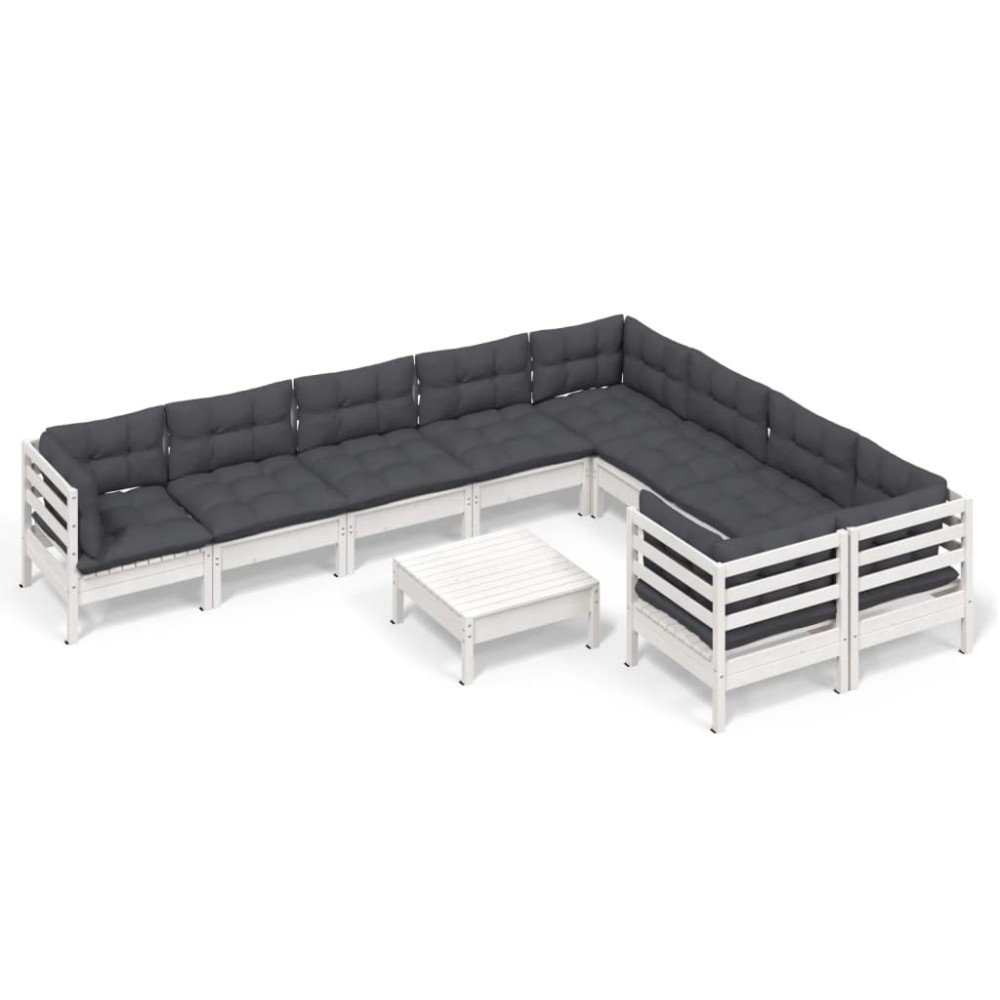 vidaXL Set mobilier grădină cu perne, 10 piese, alb, lemn de pin