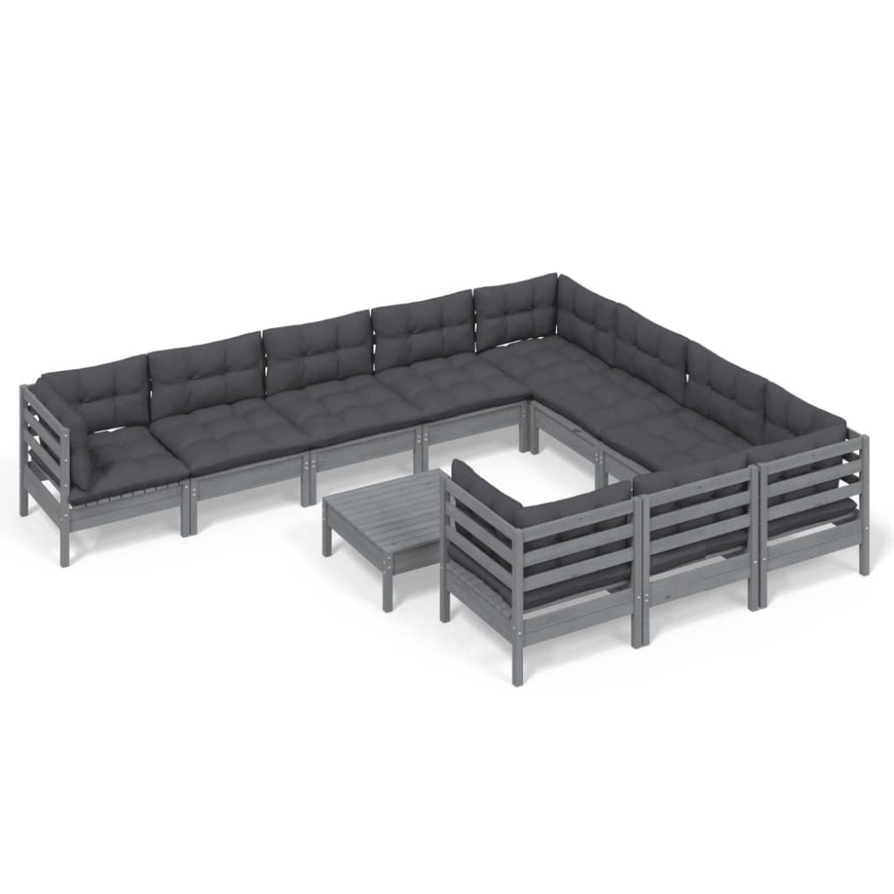 vidaXL Set mobilier grădină cu perne, 11 piese, gri, lemn de pin