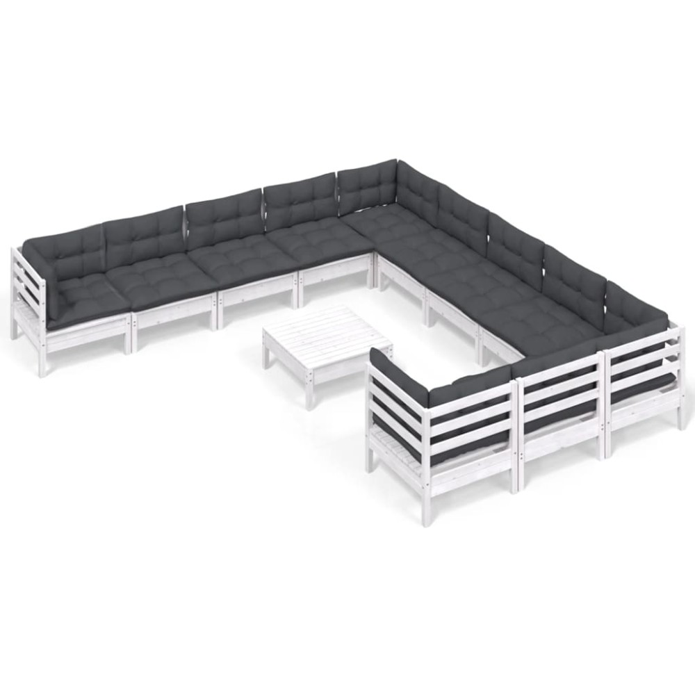 vidaXL Set mobilier grădină cu perne, 12 piese, alb, lemn de pin