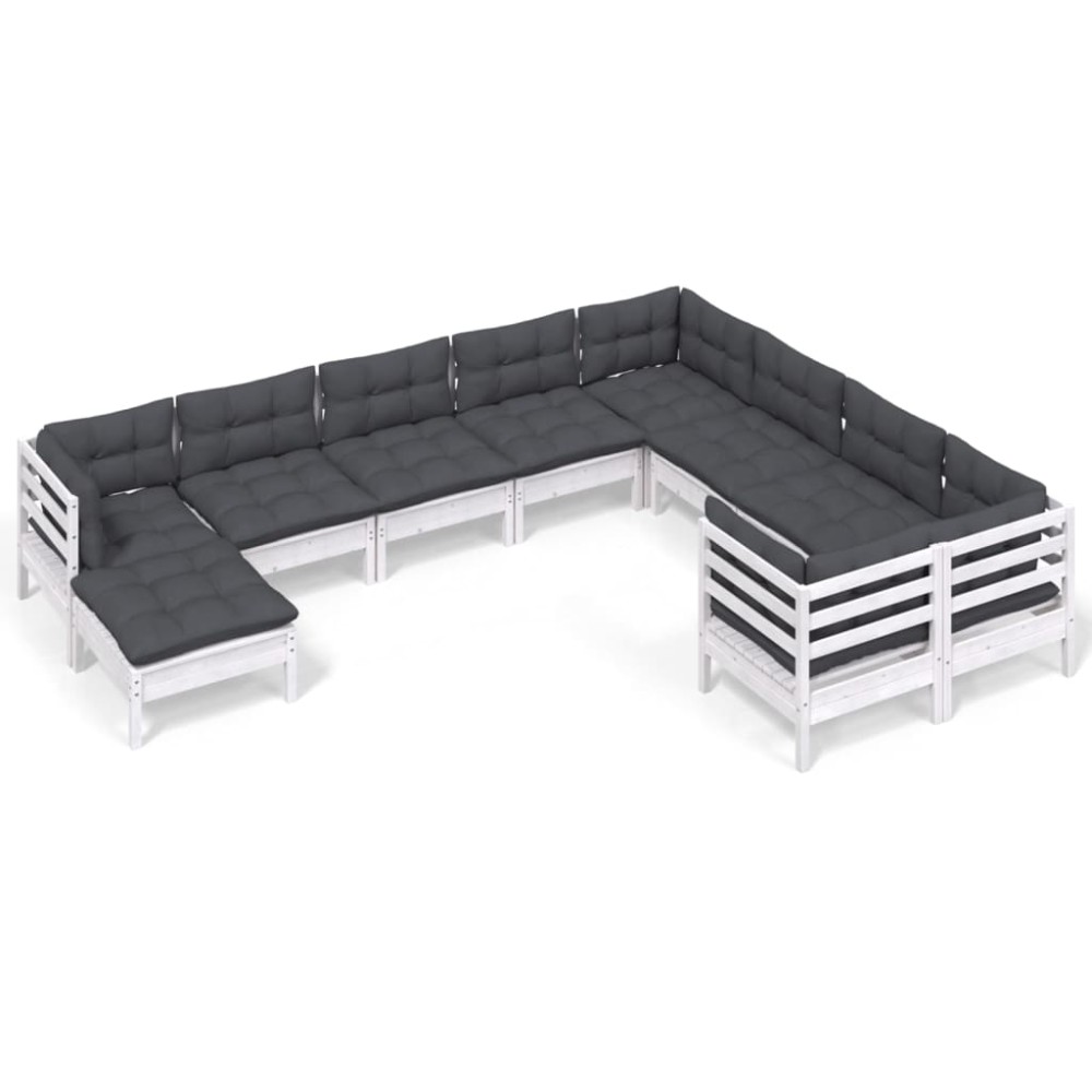 vidaXL Set mobilier grădină cu perne, 10 piese, alb, lemn de pin