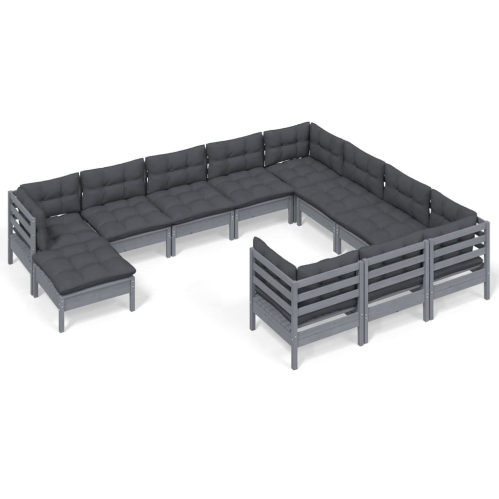 vidaXL Set mobilier grădină cu perne, 11 piese, gri, lemn de pin
