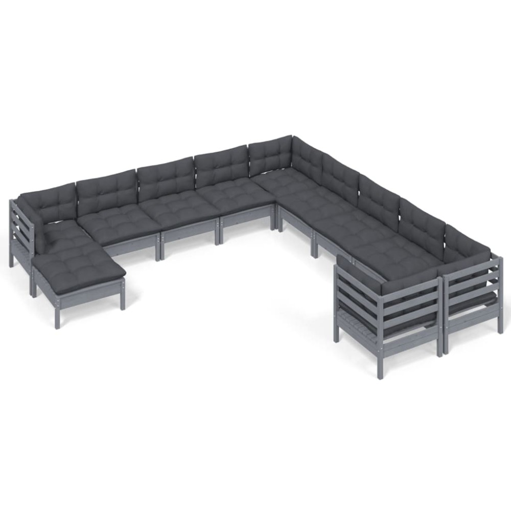 vidaXL Set mobilier grădină cu perne, 11 piese, gri, lemn de pin
