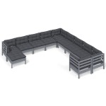 vidaXL Set mobilier grădină cu perne, 11 piese, gri, lemn de pin