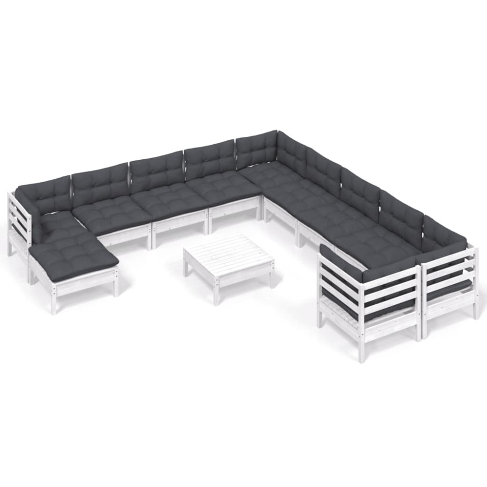 vidaXL Set mobilier grădină cu perne, 12 piese, alb, lemn de pin