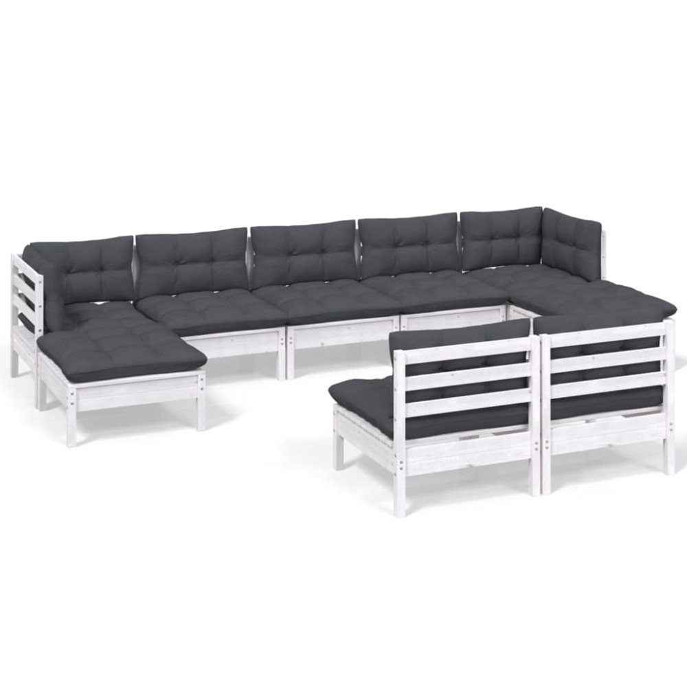 vidaXL Set mobilier de grădină cu perne, 9 piese, alb, lemn de pin