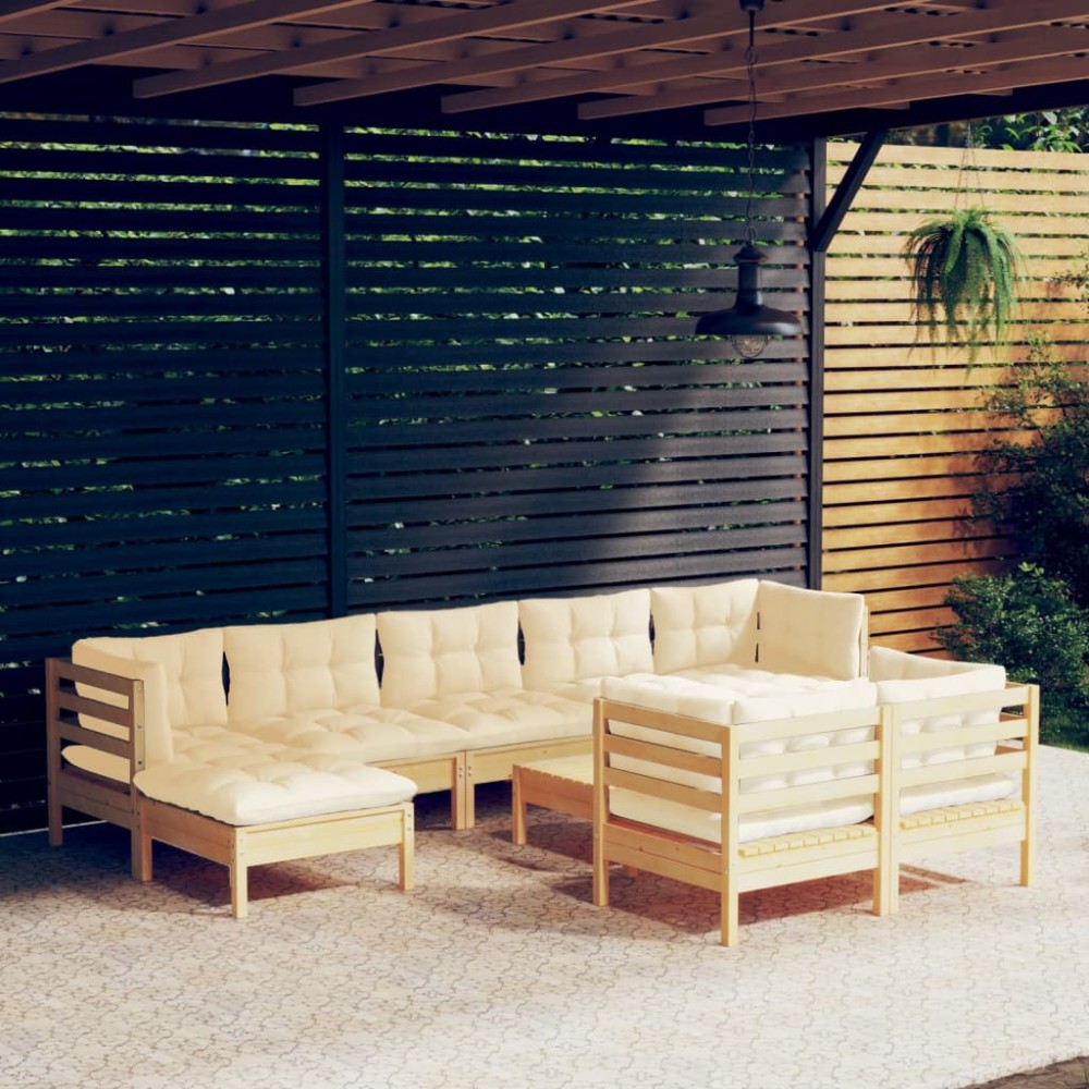 vidaXL Set mobilier grădină cu perne crem, 10 piese, lemn masiv de pin