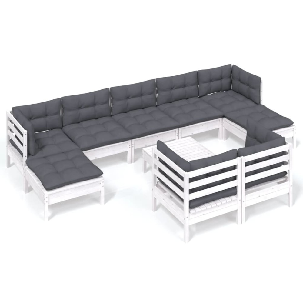 vidaXL Set mobilier grădină cu perne, 10 piese, alb, lemn masiv pin